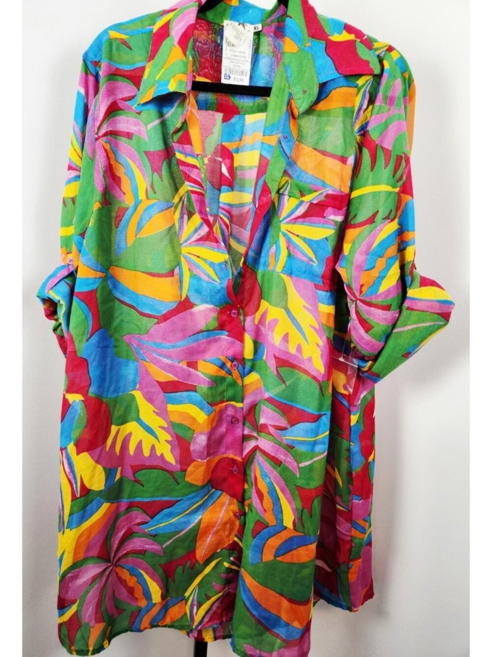 Violet Sky Multicolor Resort Style Long Sheer Tunic Women Button Up-SZ XL